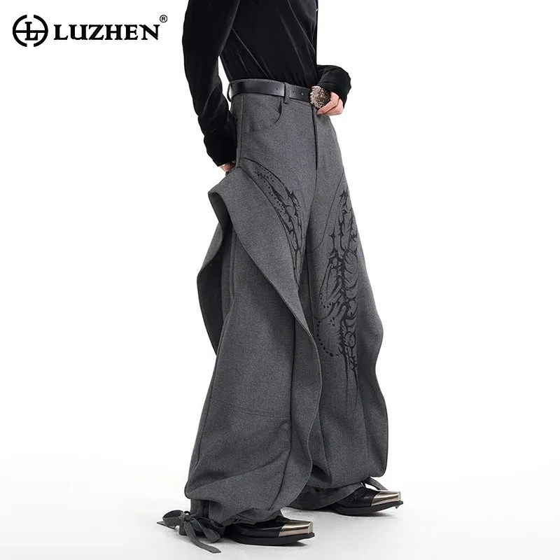 LUZHEN Original Niche Ruched Patchwork Design Loose Straight Casual Pants Men's 2025 High Street Pattern Print Trousers LZ8347