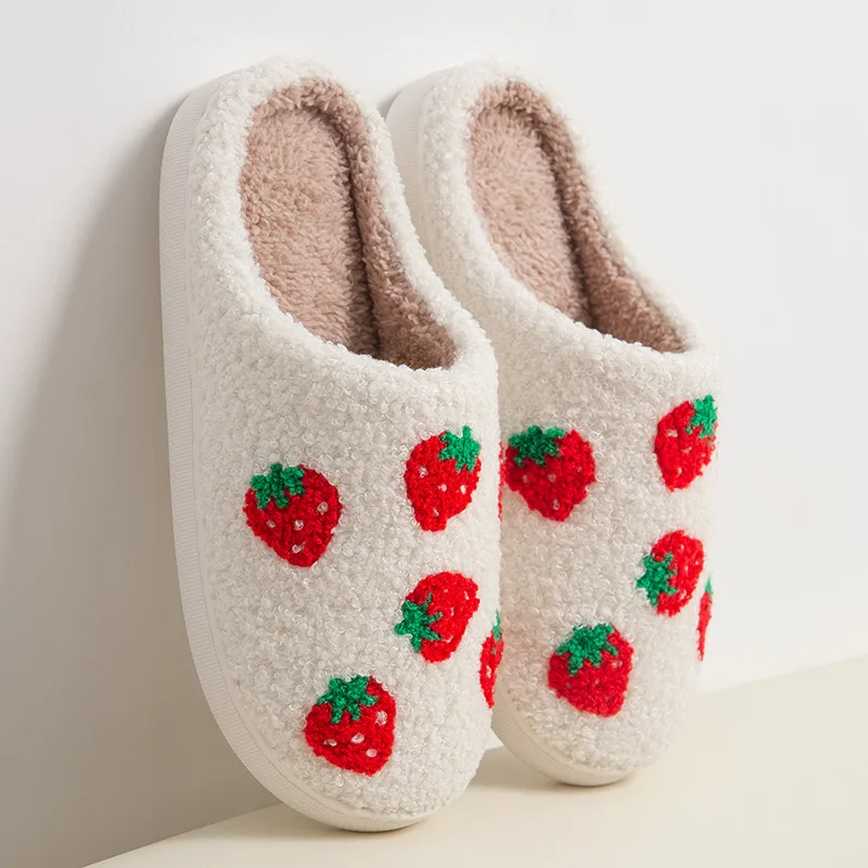 Strawberry Women's Slippers House Flat Winter Designer Woman Shoes Couple Indoor Fluffy Slides Non-Slip Floor Soft Sole Big Size view 5