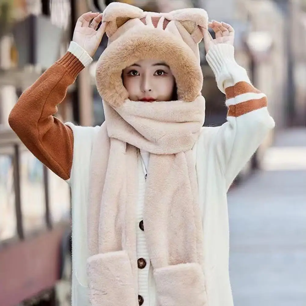 Women Hat Solid Color Cat Ears Design Thickened 3-In-1 Faux Fur Windproof Plush Thermal Hat Scarf Gloves Outdoor Wear