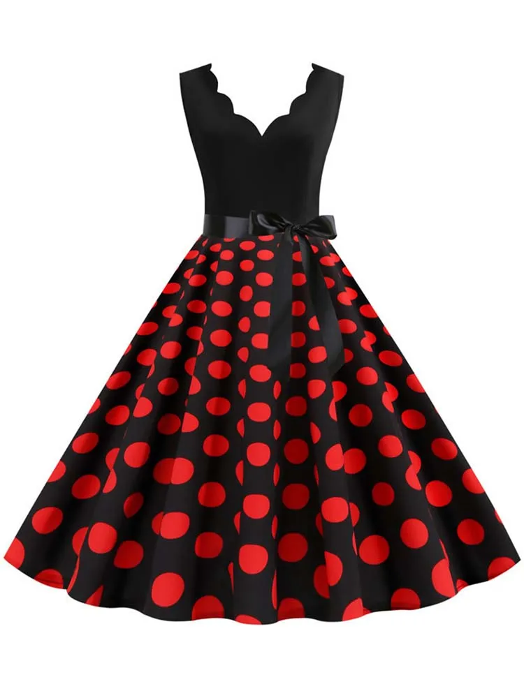 Preto dot vestido de verão feminino pinup elegante vestido de festa do vintage casual escritório tanque sleevelss a linha vestidos