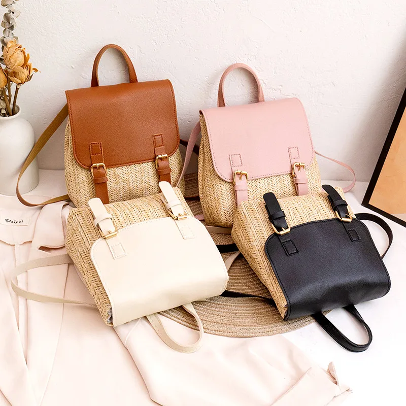 Vintage Straw Backpack Women's Fashion Shoulder Bag Versatile Straw Woven PU Leather Elegant Luxury Designer Small Backpack 2023