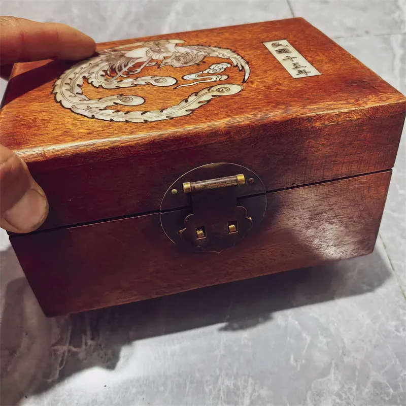Chinese Vintage Pear Wooden Box Handcrafted Mother-of-Pearl Inlay Phoenix Pattern Jewelry Storage Decorative Treasure Chest