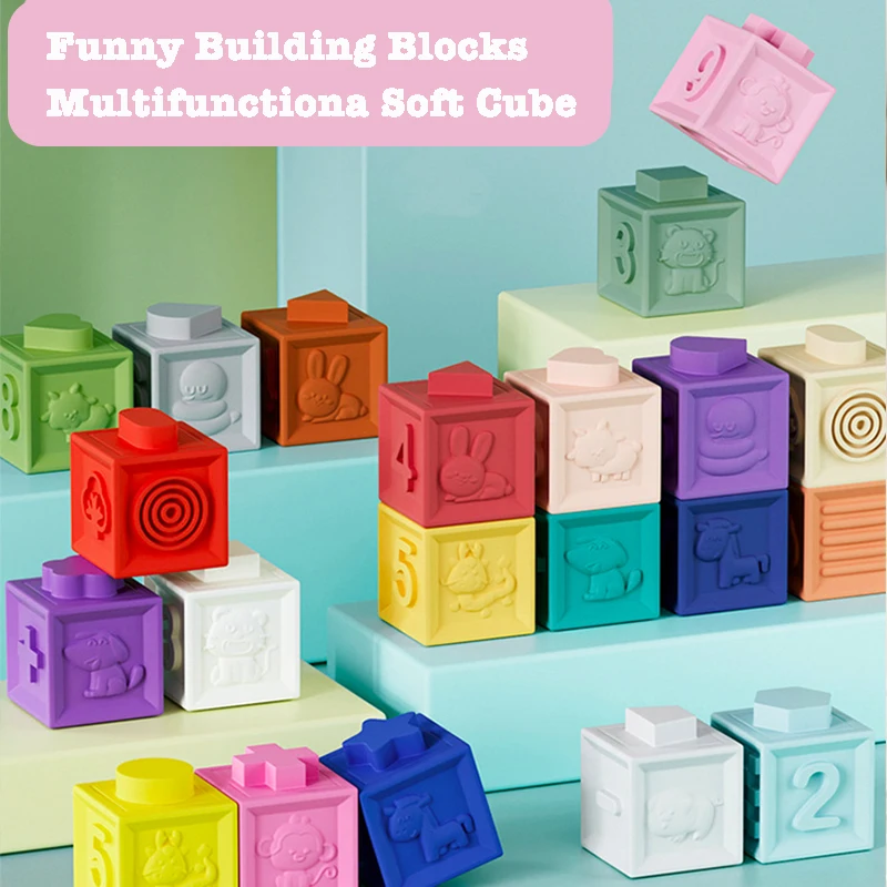 Baby Soft Rubber Cube Puzzle Montessori Toddlers Touch Early Education Squeeze Stacker Relief Blocks Toy Children Bath Toys