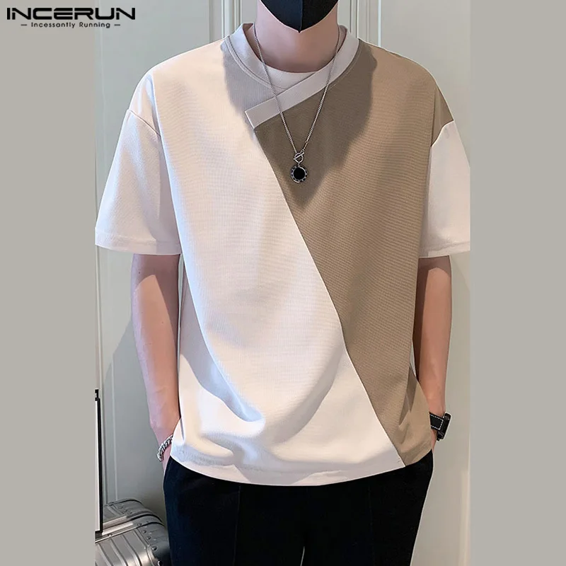 INCERUN Tops 2024 Korean Style Handsome Men\'s O-neck Irregular Patchwork T-shirts Casual Streetwear Short Sleeved Camiseta S-5XL