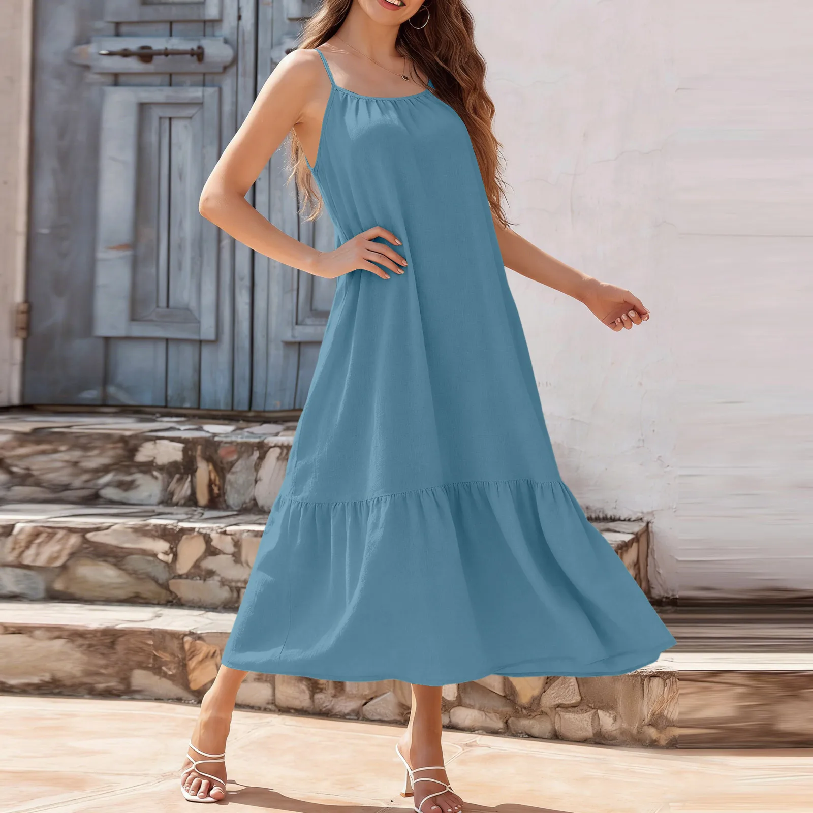 ชุดเดรสฤดูร้อนสำหรับผู้หญิง สายเดี่ยว คอวี แต่งระบาย จับสม็อค ทรงพลิ้ว สไตล์โบฮีเมียน ยาว