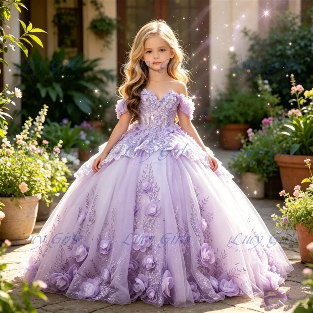Gorgeous Quality Flowers Applique Flower Girl Dress for Wedding Spaghetti Strap Dress for Girls Crystal Communion Ball Gowns
