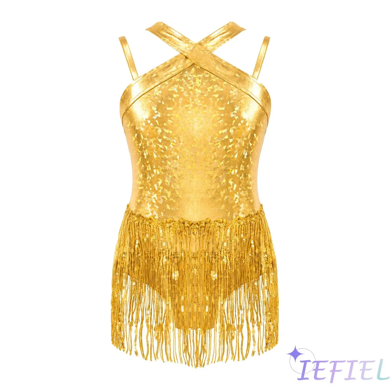 Kids Girls Sequins Tassel Metallic Latin Leotard Cross Front Sleeveless Spaghetti Straps Fringed Bodysuit for Latin Dance Party