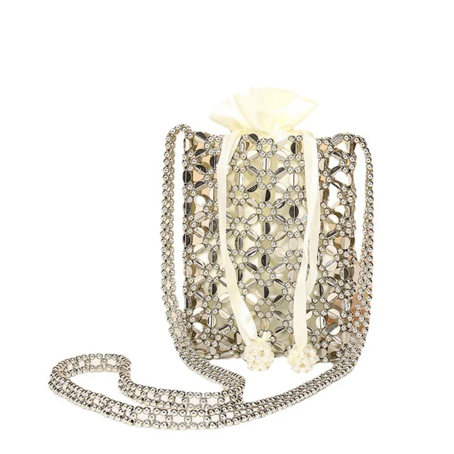 New Hand-beaded Braided Dinner Bag Woman Hollow Out Design Chains Shoulder Crossbody Bag Silver Mini Bucket Bag Purse Handbag