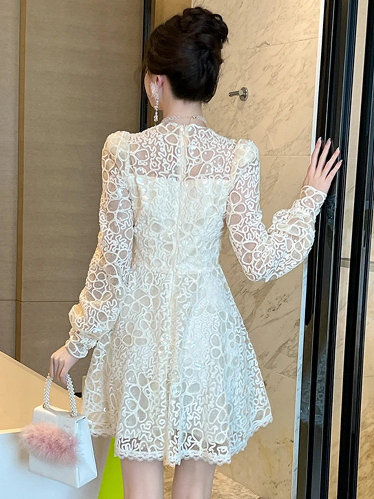 Women Clothes Sweet Lace Sheer Sexy Square Neck Slim A-Line Short Dress Elegant Fashion Evening Party Prom Vestidos Casual New