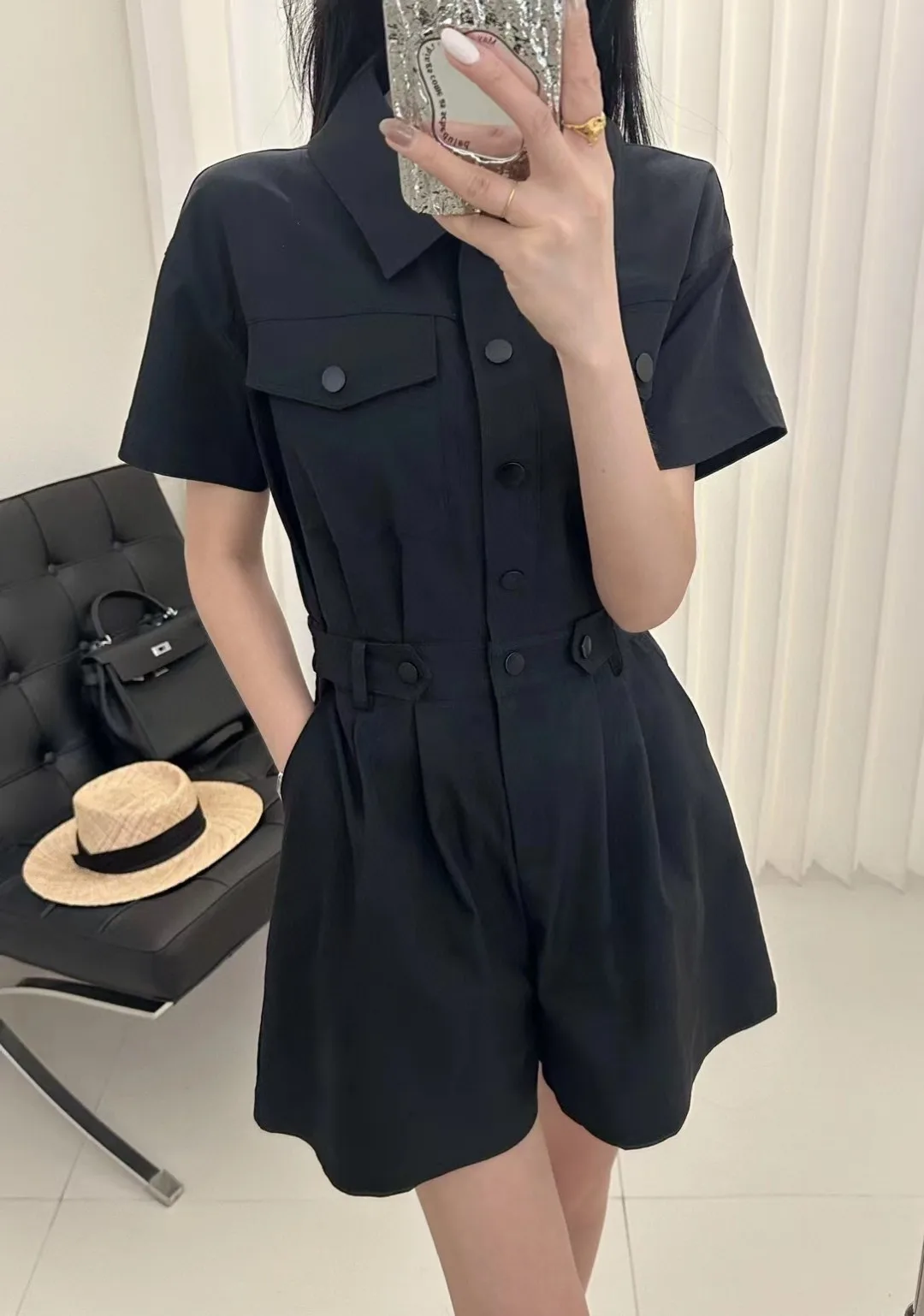 

2024 Summer New High Quality Women's Wear Solid color minimalist high-end workwear short sleeved jumpsuit 0621