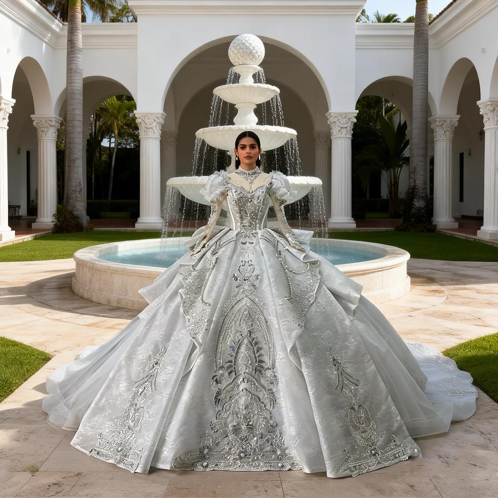 

Роскошные арабские свадебные платья в дубайском стиле для женщин, индивидуальный пошив, длинные рукава с жемчугом, длинный шлейф, свадебное платье Robe De Mariée