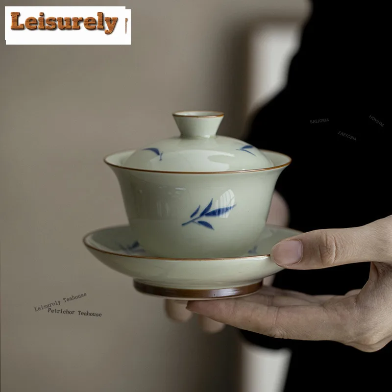 HOYIHM 150ml Antique Clay Gaiwan Elegant Hand-painted Bamboo Three Talents Tea Tureen Tea Brewing Cover Bowl Teaset Tableware