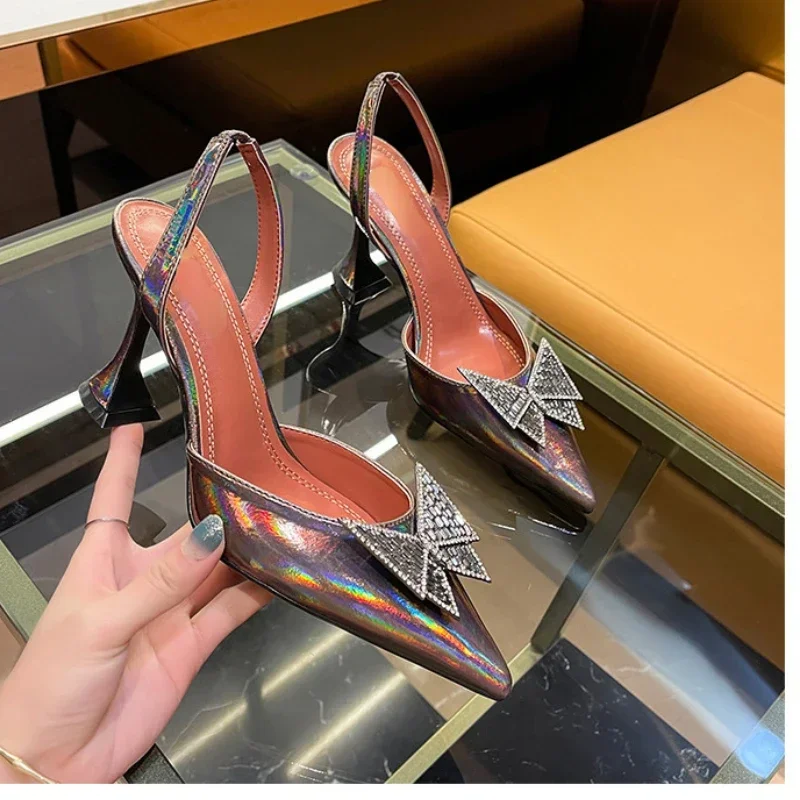 2024 New Women\'s Shoes Water Drill Hollow Shoes Butterfly Buckle Slippers Wine Glass Heel Pointed Sandals
