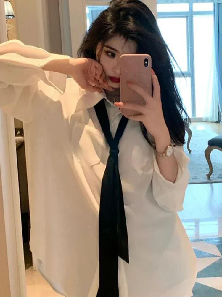 2025 moda solta gravata camisa branca feminina casual coreano blusa de manga longa primavera nova feminina todos os jogos turn down collar chiques topos