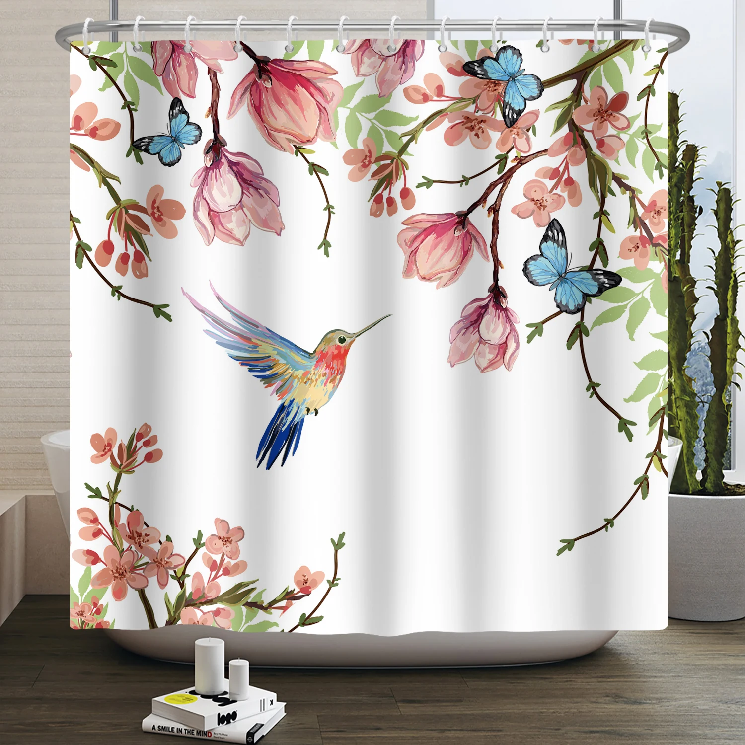 Spring Nature Clearance Shower Curtain Birds Ocean Butterflies Flowers Room Beautiful Floral Patterns Bathroom Decoration 180cm