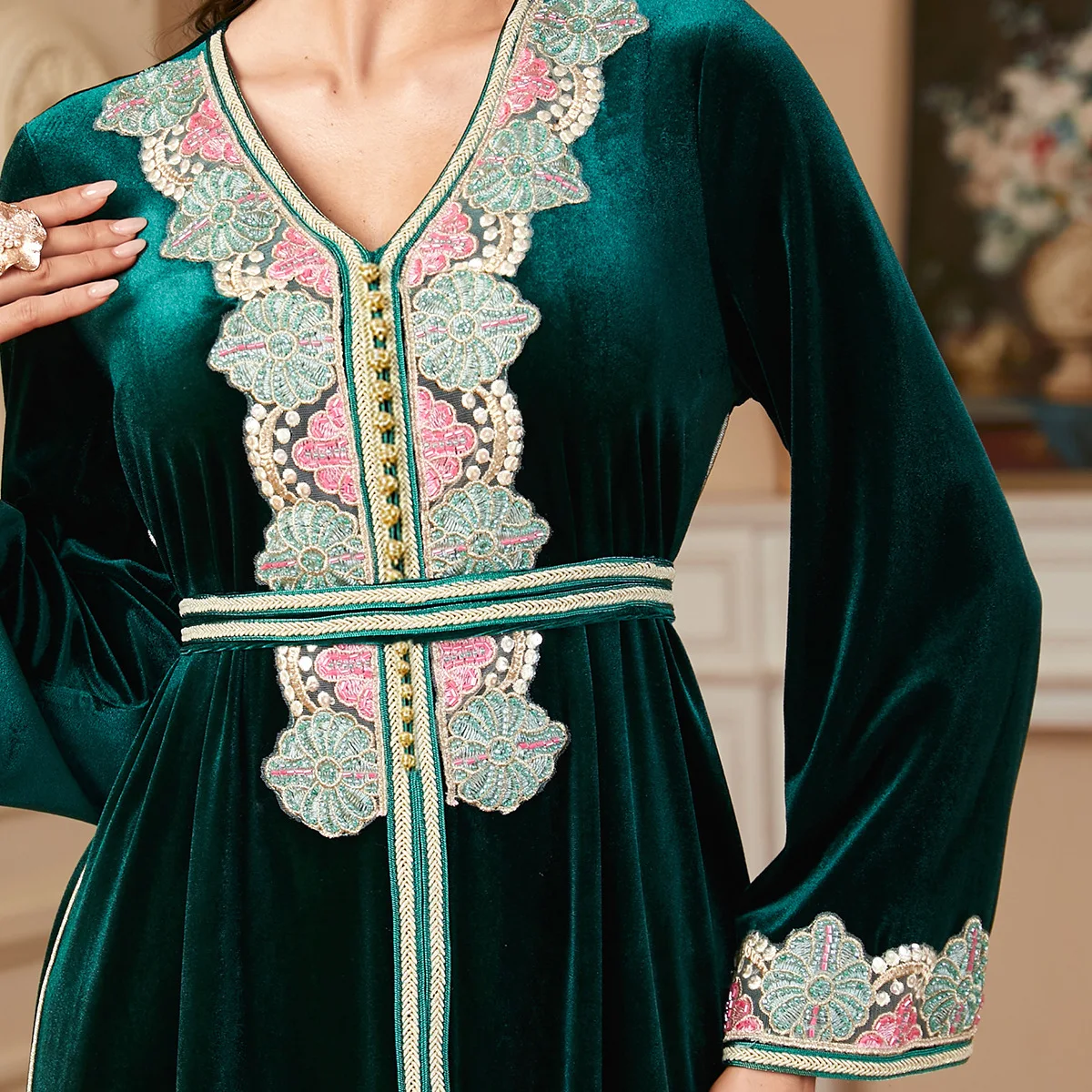 UNI 2025 Eid vestido de terciopelo de invierno Msulim mujeres elegante Abaya con cordones Abayas Marruecos vestido de fiesta Maxi Vestidos Kaftan bata árabe