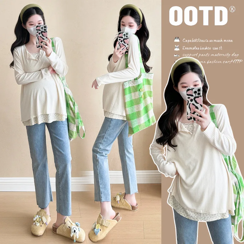 

2025 Floral Print Pregnancy Top Autumn Cotton Blend Mock Two Piece Tee Lightweight Comfortable Stylish Maternity Shirt