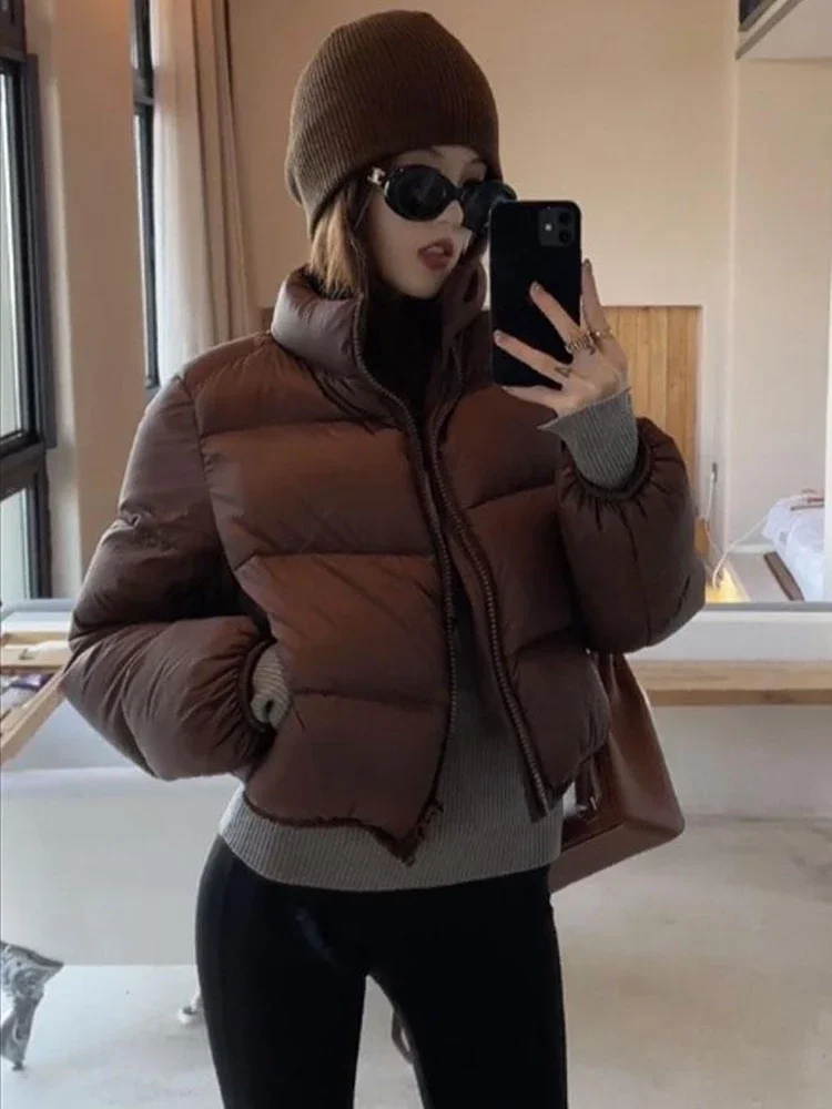 Women's Down Jacket Three Proofings Thick Cropped Coat Coffee Stand Collar Short Bread Jacket Female Overcoat 2025 Winter