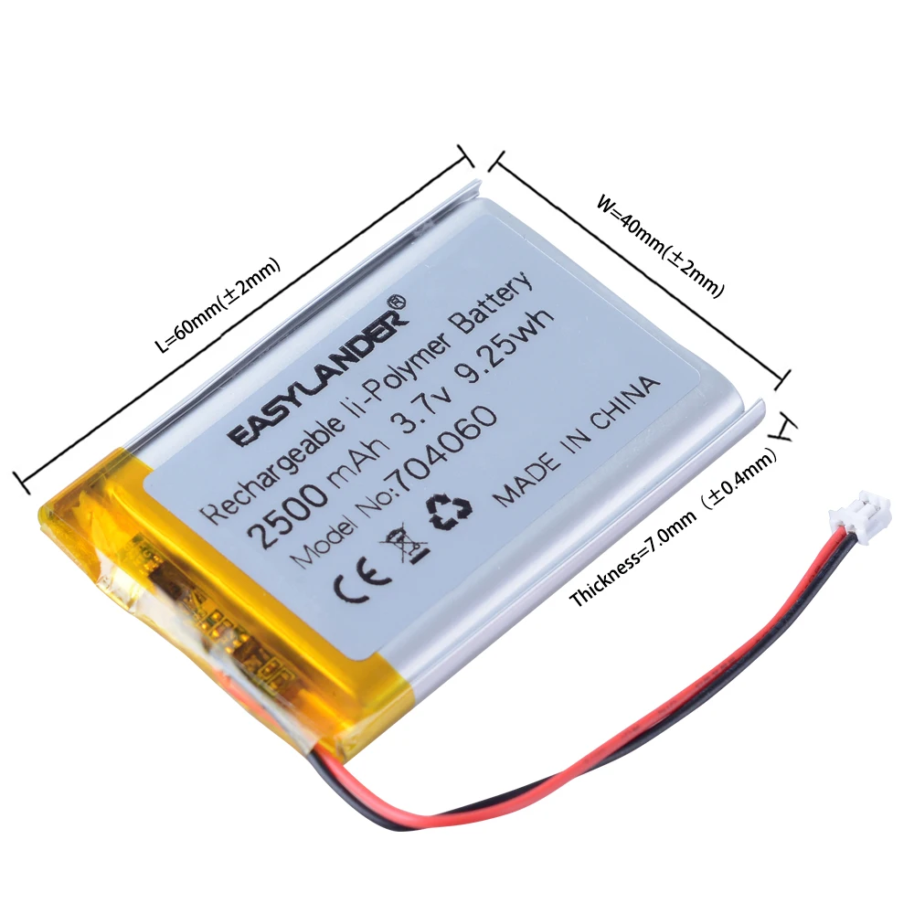 JST1.5mm 2Pin 3.7V 2500mAh 704060 Rechargeable Polymer Lithium Ion (Li-ion) Battery for MP3 Players Navigators Speakers