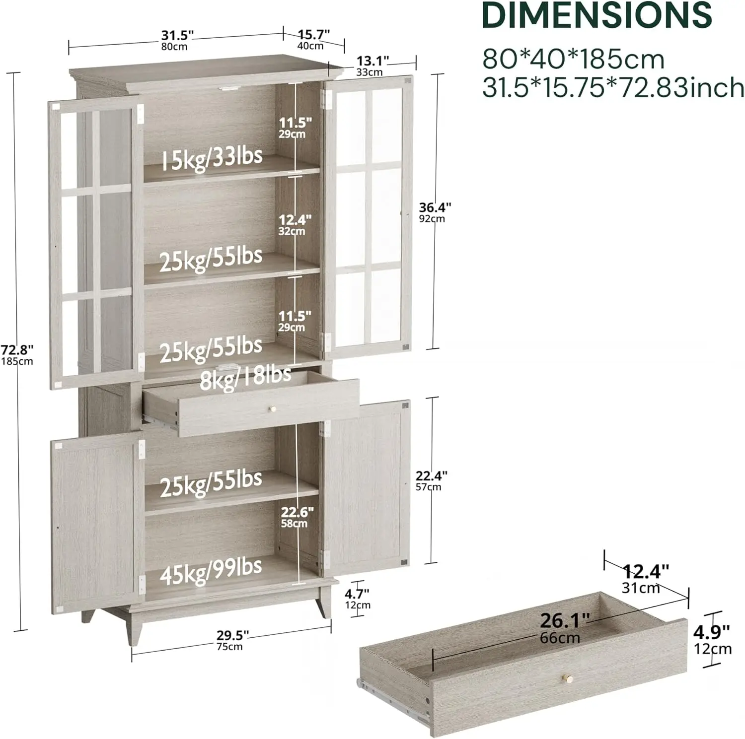 Librerías altas con puertas de vidrio y 1 cajón, almacenamiento de exhibición de suelo con 1 estante ajustable, estantería blanca para el hogar