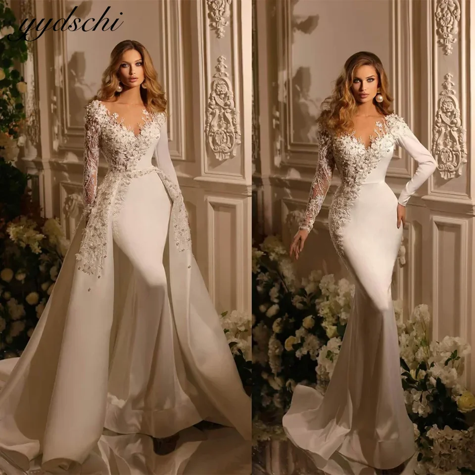 カスタムメイドのセクシーなマーメイドウェディングドレス、レースアップリケ、フルスリーブ、スイートハートネックライン、取り外し可能なトレーン付きブライダルガウン、ウェディングドレス