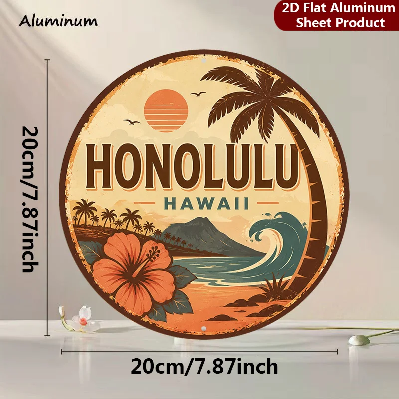 2D Flat, 1pc,Hawaii Theme Round Sign,Tropical Island Vintage Decorative Plaque,Palm Tree Porch Decorations,Wall Decorations,Home