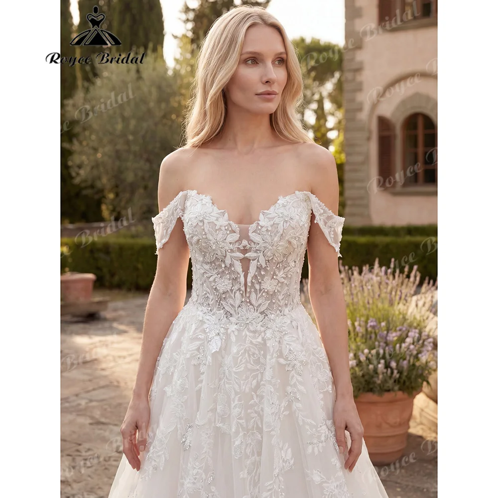 Off The Shoulder Wedding Dress 3D Floral Lace Beaded Appliques Tulle Sweetheart Neckline Princess  Vestido De Novia Customized