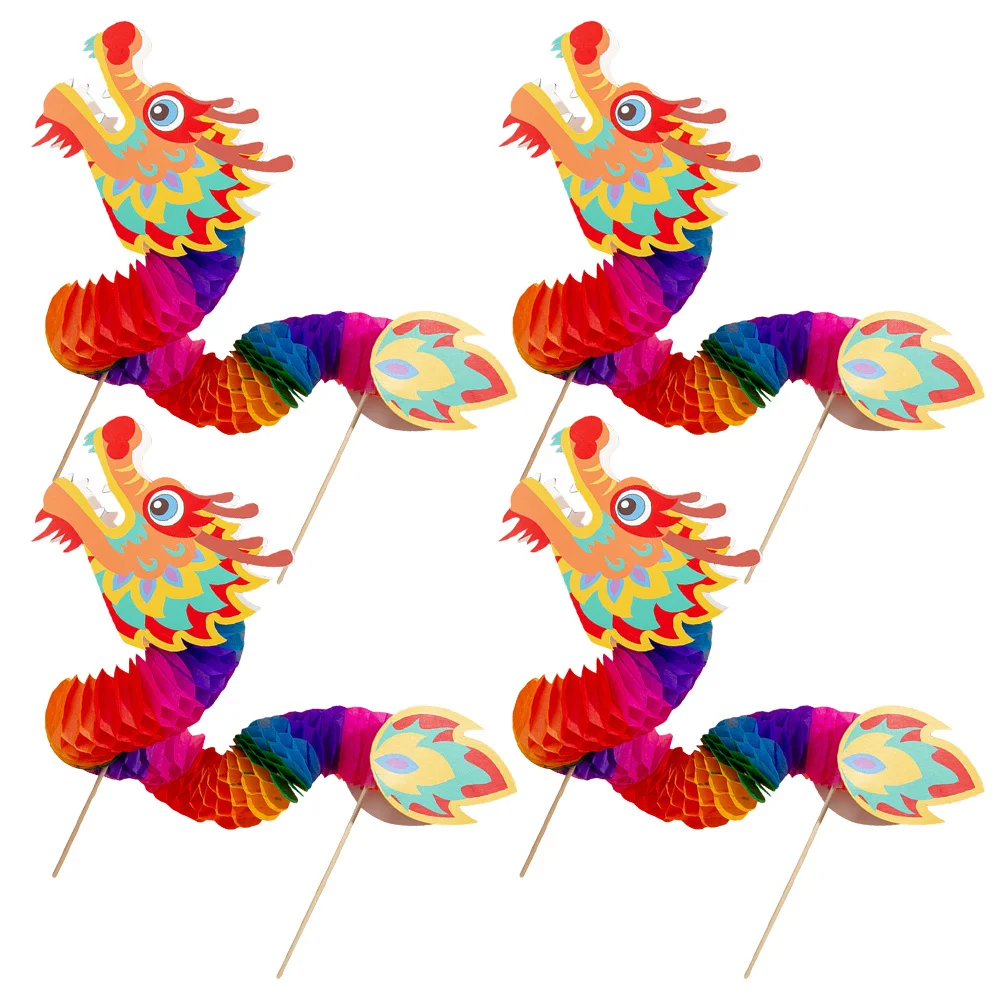 4Pcs Spring Festival Paper Dragon Decorations Chinese 3D New Year Party Photo Props Handheld Craft Garland Supplies