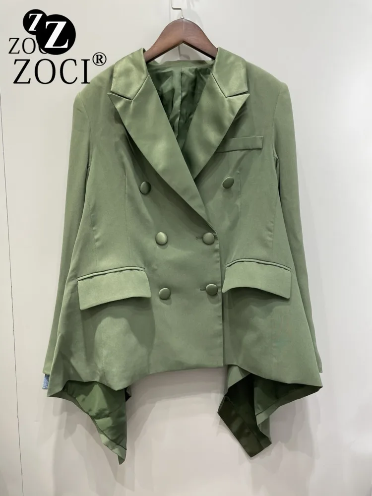 [ZOCI] Seasonal Qing~Small Niche Suit Double Breasted Buttons Denim Irregular Short Jacket, Sacai