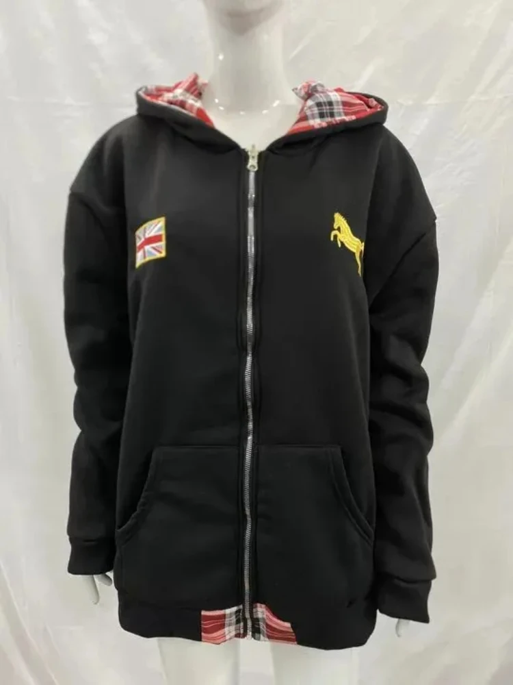 

Y2K Streetwear Aesthetics National Flag Embroidered Striped Hoodie Autumn And Winter Hooded Front And Back Fashion Sports Hoodie