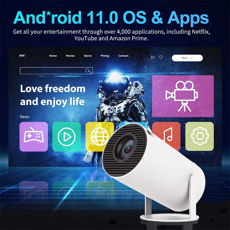 Smart Portable Projector Game projector 4K Android11.0 720P Native 1280*720P compatible with mobile phones and game controllers.