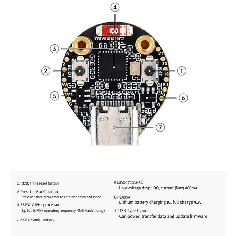 ESP32-C3 Плата разработки Iot Встроенный 0,71-дюймовый интерфейс SPI ЖК-экран 160X160 пикселей Демо-плата Круглая ЖК-дисплей приборной панели