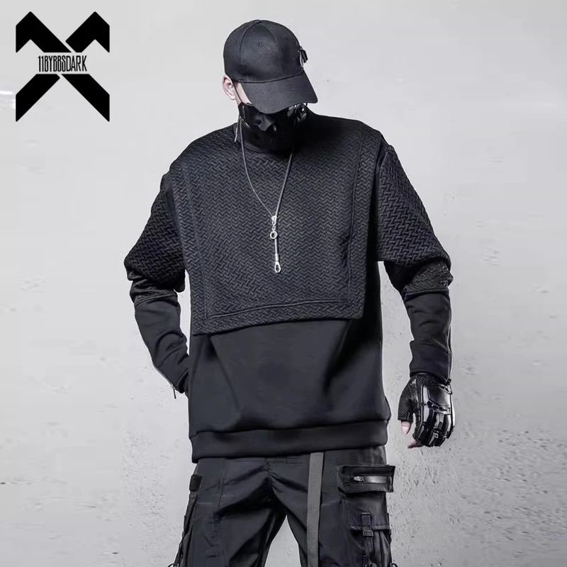 Men Functional Sweatshirt 2025 Spring Fashion Fake two Pieces Pullover Black Loose O-Neck Sweat Shirt Tops Men Techwear