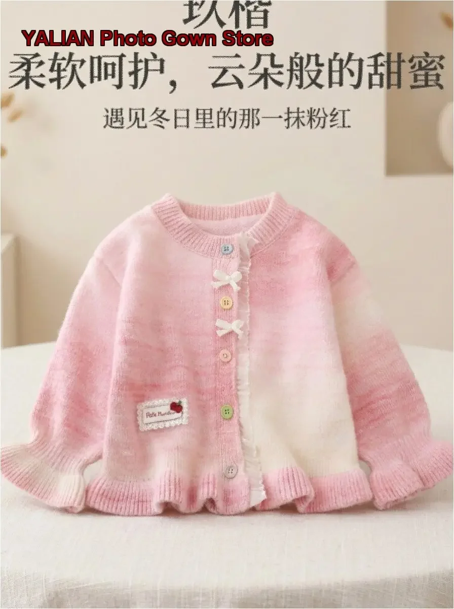 Girls Rainbow Color Cardigan Kids Autumn Winter Gradient Knit Sweater