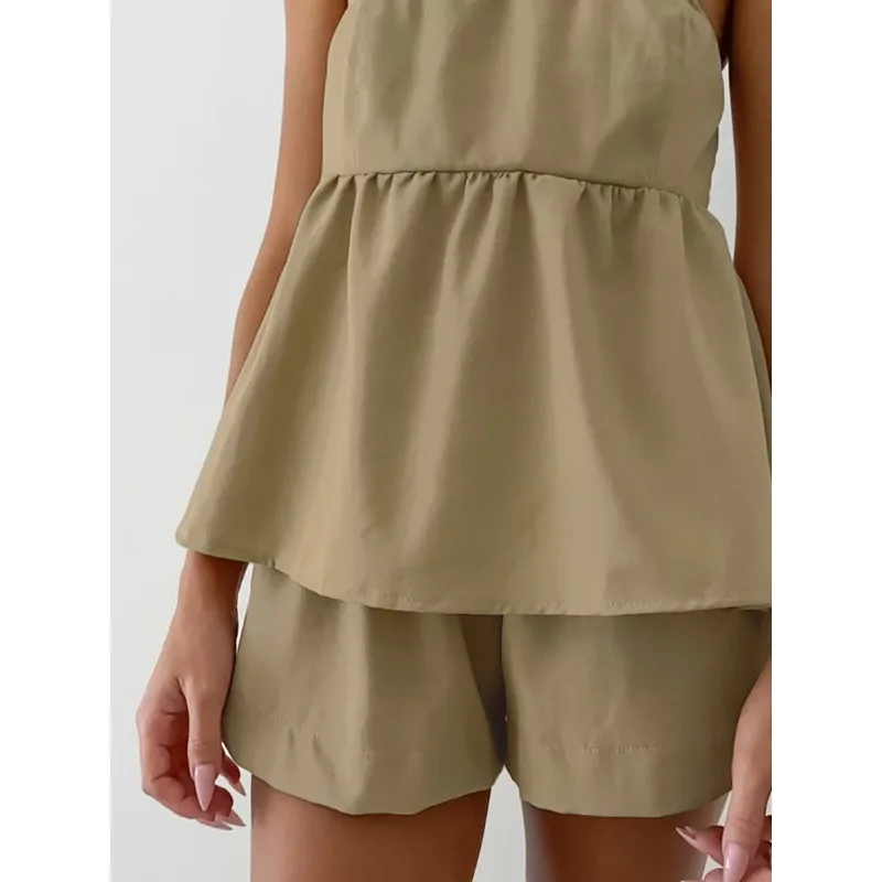 

Summer Women's Summer Elegant Casual 2 Piece Sets Y2K Shorts Set Sexy Khaki Strapless Top High Waisted Wide Leg Shorts Set