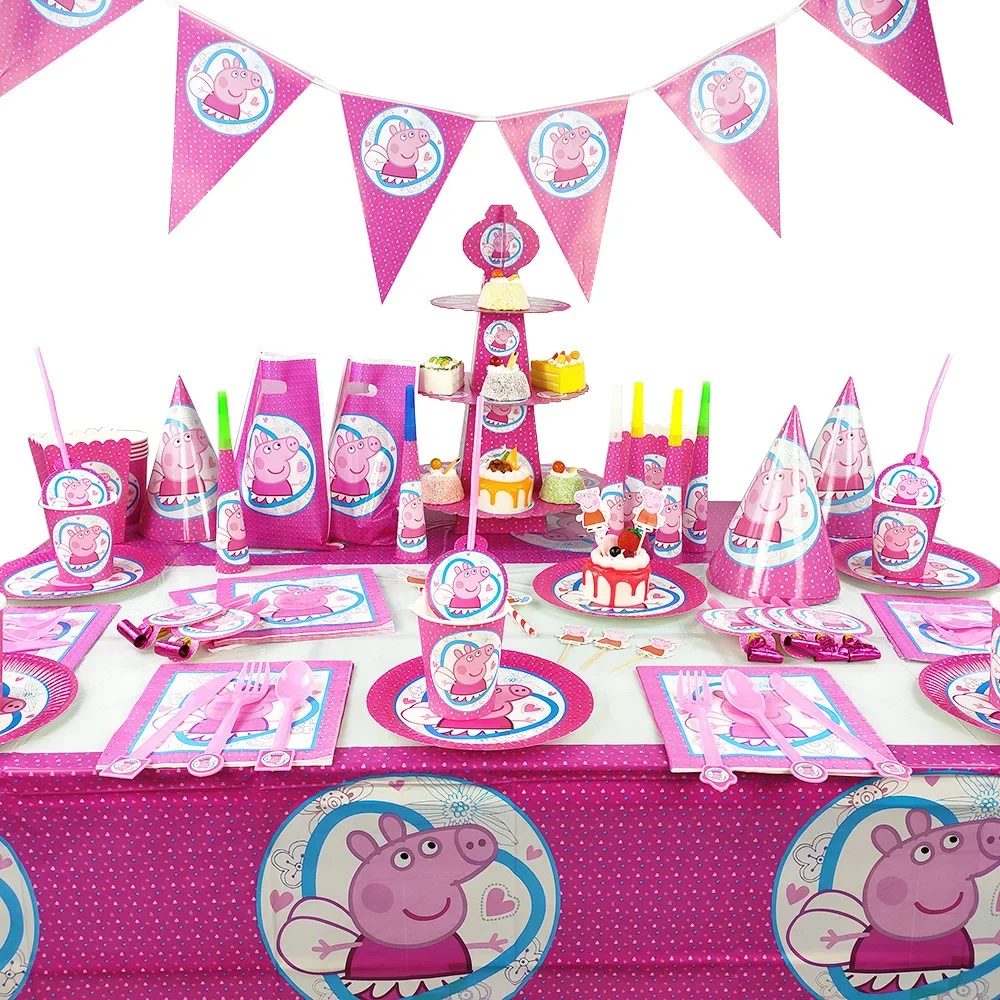 NEW Hot Selling Peppa Pig Children\'s Birthday Supplies Tablecloth Paper Cup Flag Banner Party Toys Children\'s Holiday Gifts