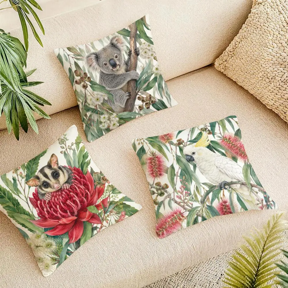 Australian Native Local Birds And Plants Cushion Cover Natural Linen Fabric Double-Sided Printing Breathable For Home Decor