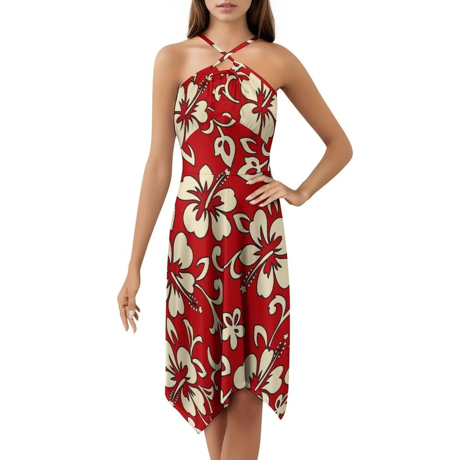 ماليا هاواي الكركديه قميص طباعة الأحمر فستان بفتحة عنق على شكل قلب أنيق الصيف فستان الحفلات للنساء الكركديه الأزهار هاواي #5