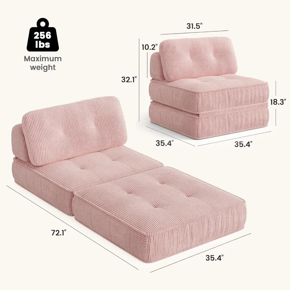 Couch with Headrest & Lumbar Pillow, Corduroy Fold Out Chair Bed with Memory Foam, No Assembly for Small Space, Living Room