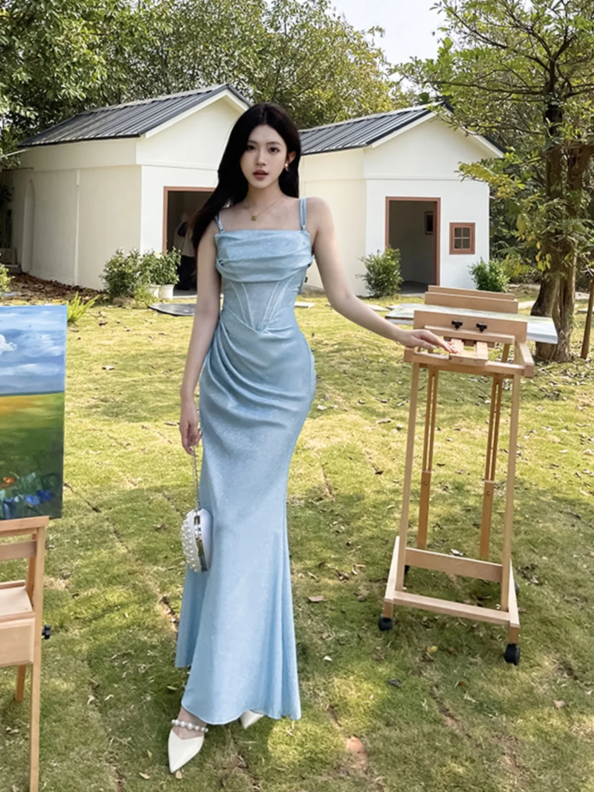 

Women Sexy Satin Corset Maxi Halter Dress Blue Push Up Fishbone Ruched Evening Party Long Dresses Chic Elegant Slim A-line Dress