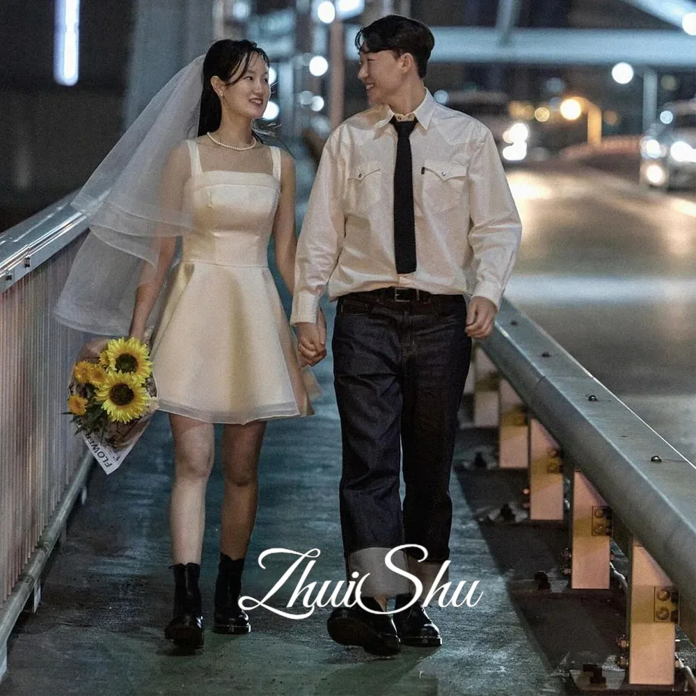 韓国アイボリースクエアネックウェディングドレス 웨딩드레스 ノースリーブサテンミニ膝上丈かわいいカスタマイズされた花嫁ドレスプラスサイズ