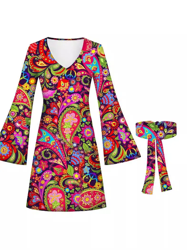 

Halloween Print V-neck Dress Hippie Horned Sve Low Waist Short Sleeve Women's Cotton Dress Fashionable Casual Style