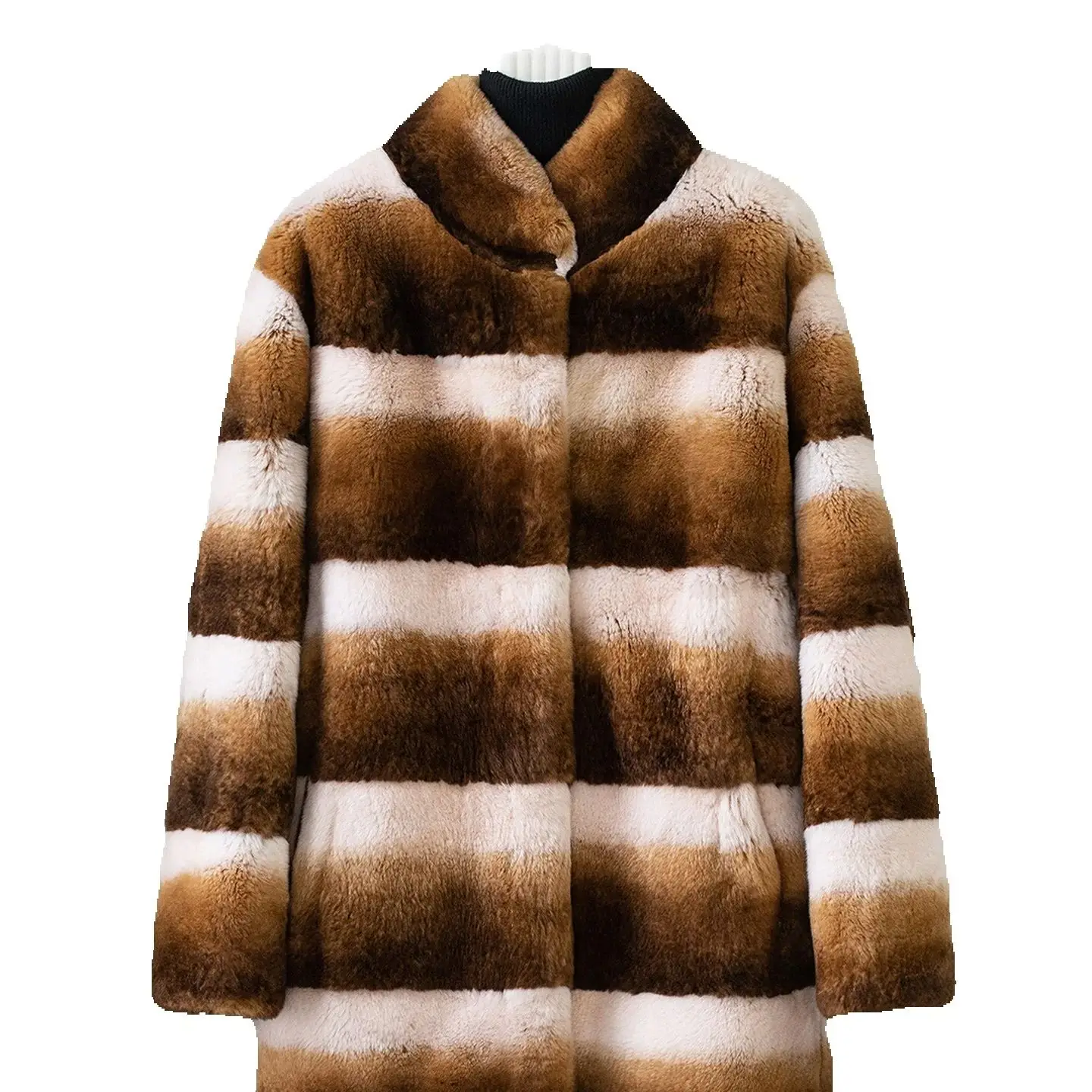 Un abrigo de piel Haining de longitud media para mujer en el invierno de 2025, con un abrigo completo de alta gama de piel de conejo de visón y un stand-up.