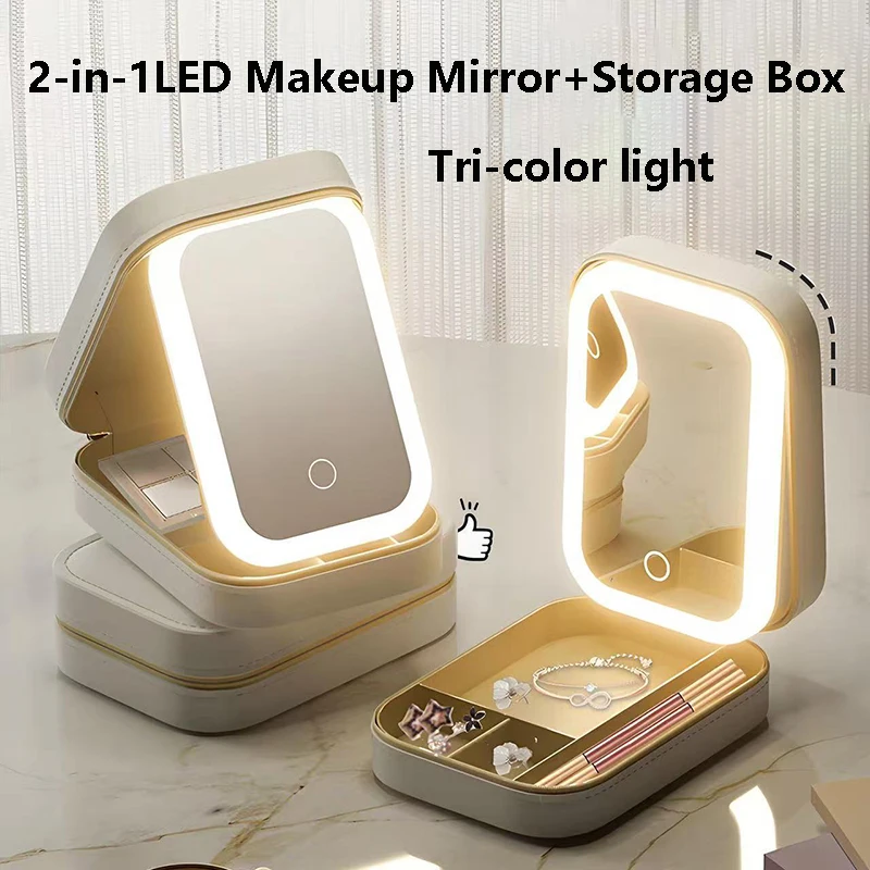 

Three Colors Light LED Makeup Mirror with Storage Box Multi-functional Intelligent Touch Control Cosmetic Mirrors USB Charging