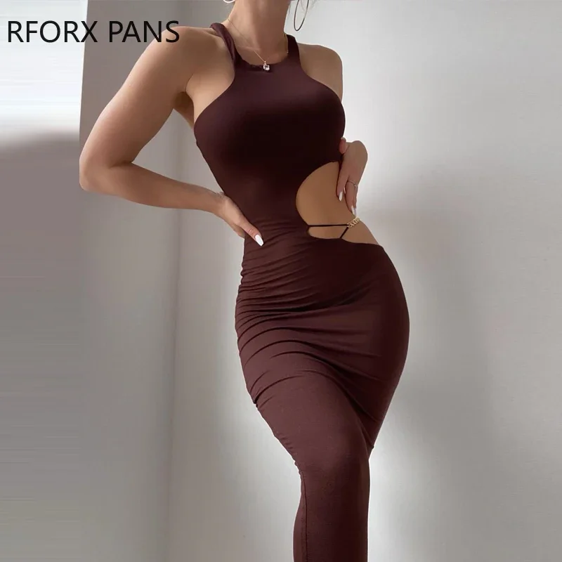 Women Solid Elegant Midriff tank chain decoration sexy bodycon Party Sexy Dress