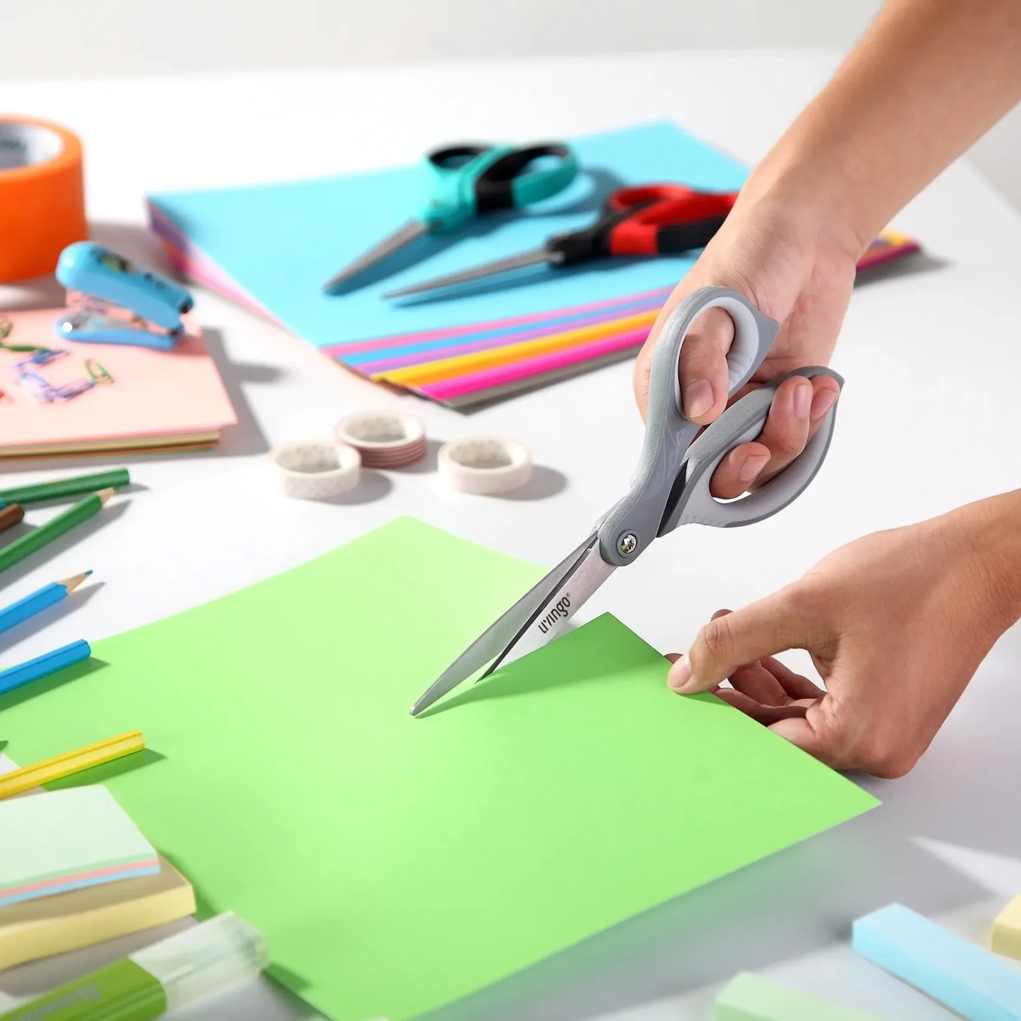 LIVINGO Scissors All Purpose, 8.5” 3 Pack Sharp Shears for Office Home Cutting Red Gray Blue