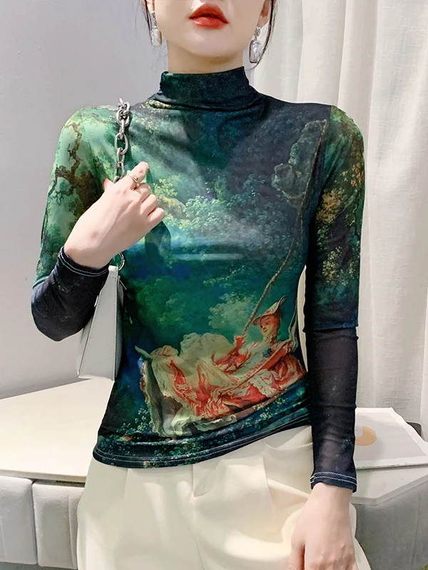 Bedrucktes Me Base irt Damen Long Sve High Collar Herbst Winter Faionable Inner Wear T-Shirt Street Sle Slim Fit Top