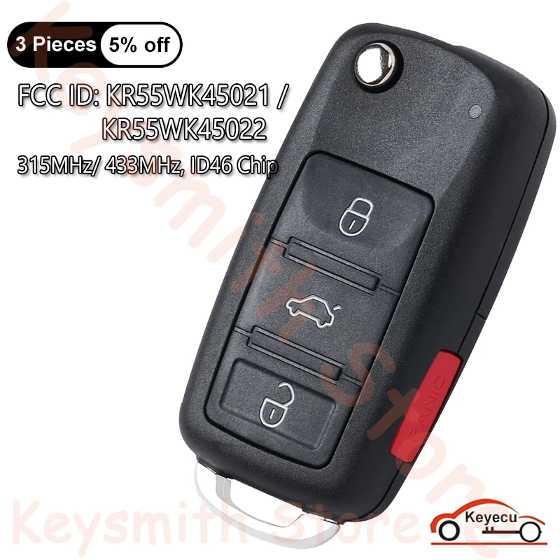 KEYECU 3+1 4 Buttons 315MHz 433MHz ID46 Chip for VW Touareg Phaeton 2002-2010 Auto Flip Remote Key Fob KR55WK45021 KR55WK45022