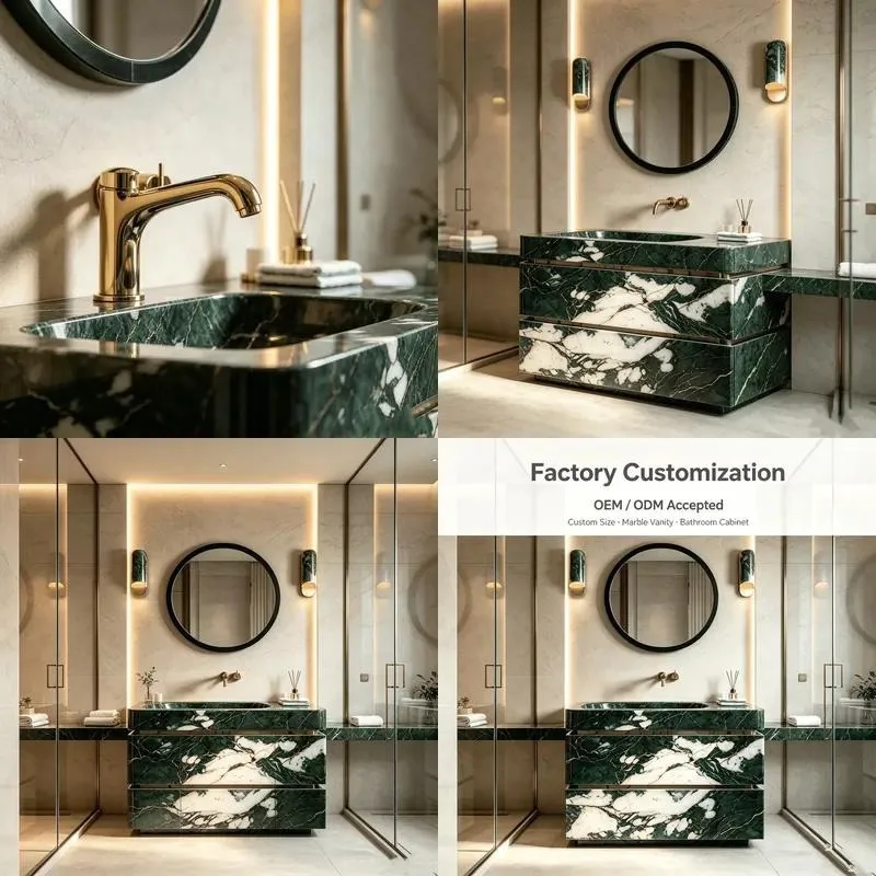 Custom Italian Dark Green Marble Bathroom Sink Countertop Natural Stone Surface for Luxury Hotel Villa Projects