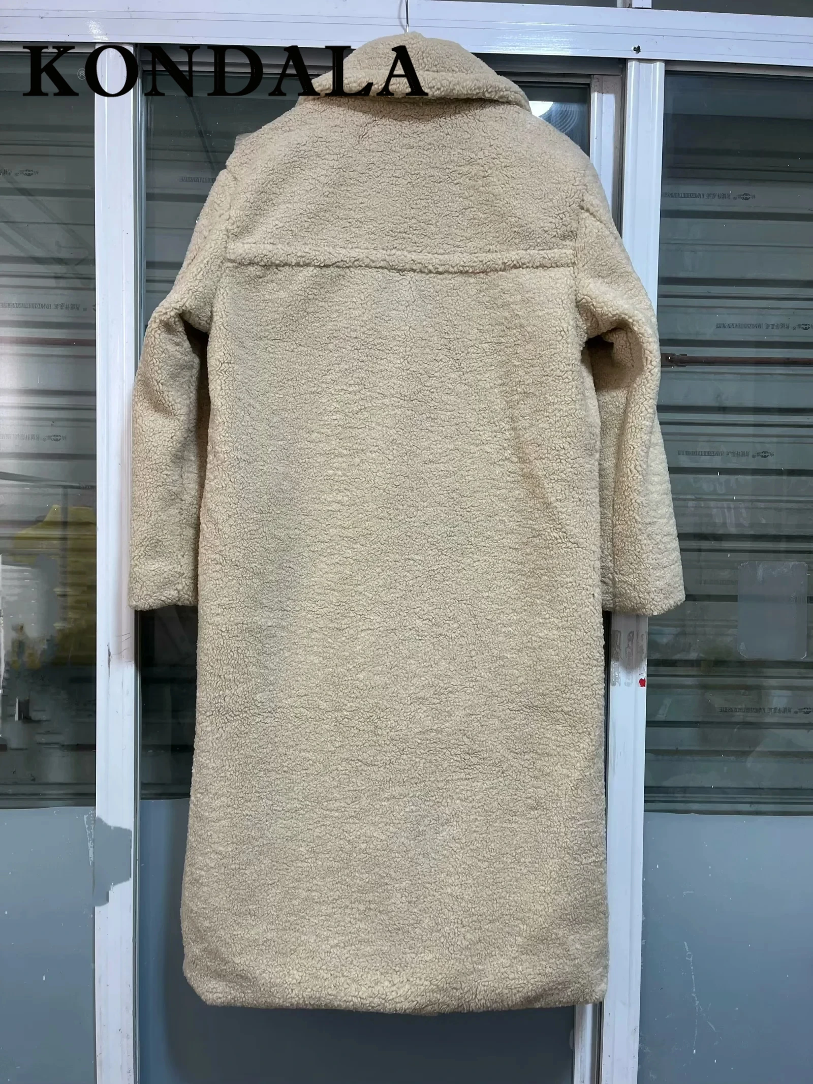 KONDALA 2025 Winter Women Casual Solid Coat Double Breasted Fleece Coat Loose Fit Long Coat Women Vintage Oversized Long  Jacket
